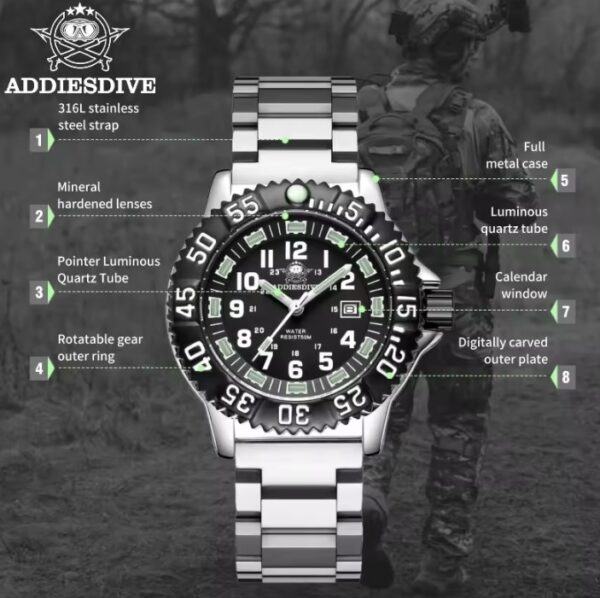 Reloj ADDIESDIVE Estilo Militar Acero Inox 50 Metros - Imagen 4